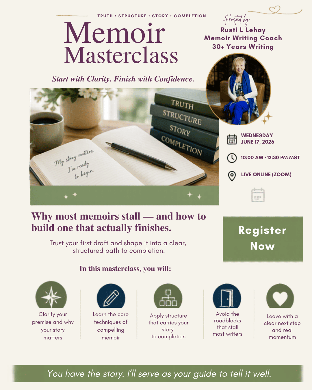“Memoir writing masterclass with Rusti L Lehay teaching how to start and structure a memoir”